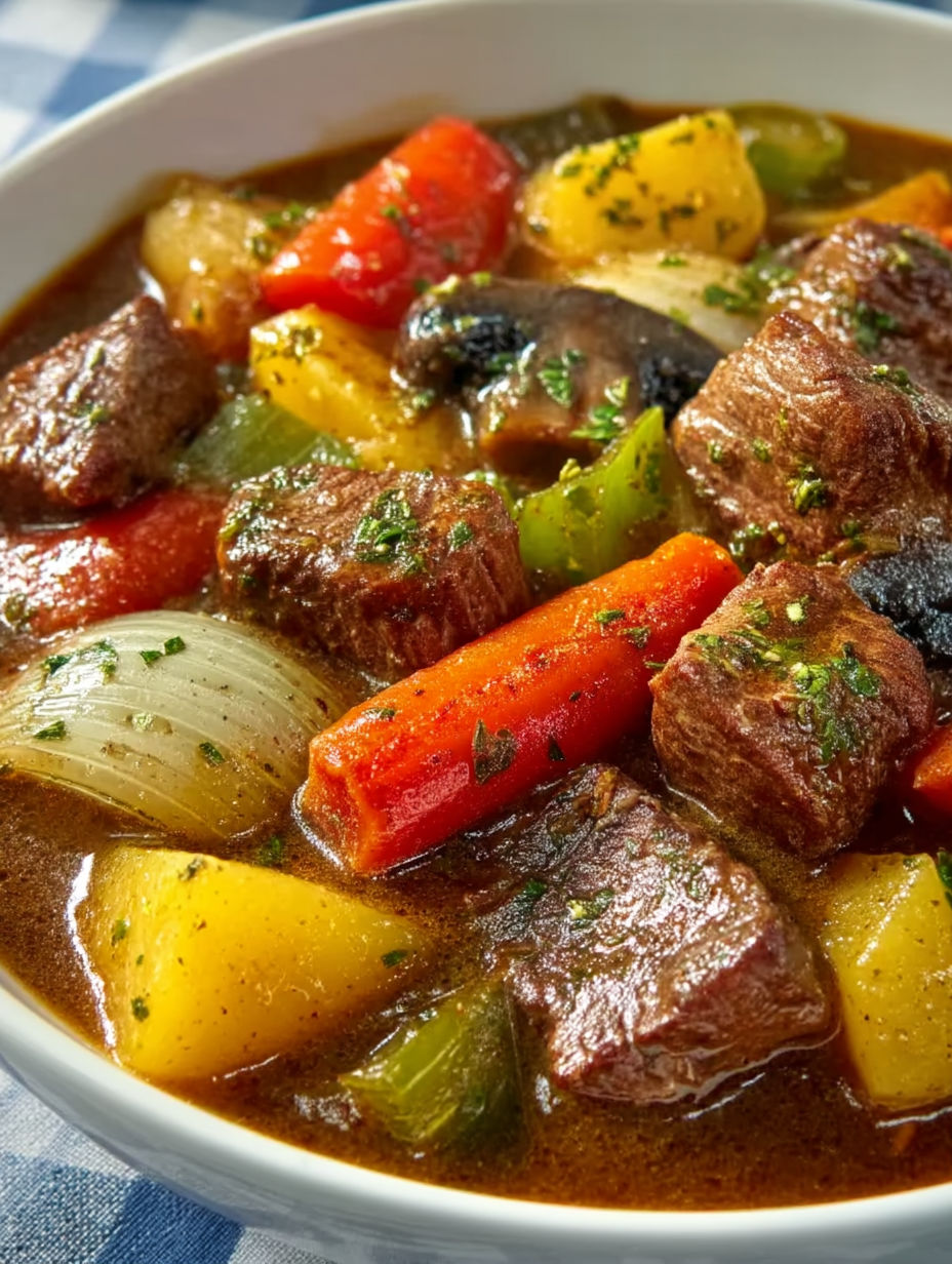 A bowl of beef and vegetable stew.