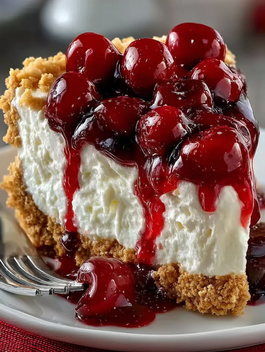 A slice of no-bake cherry cheesecake.