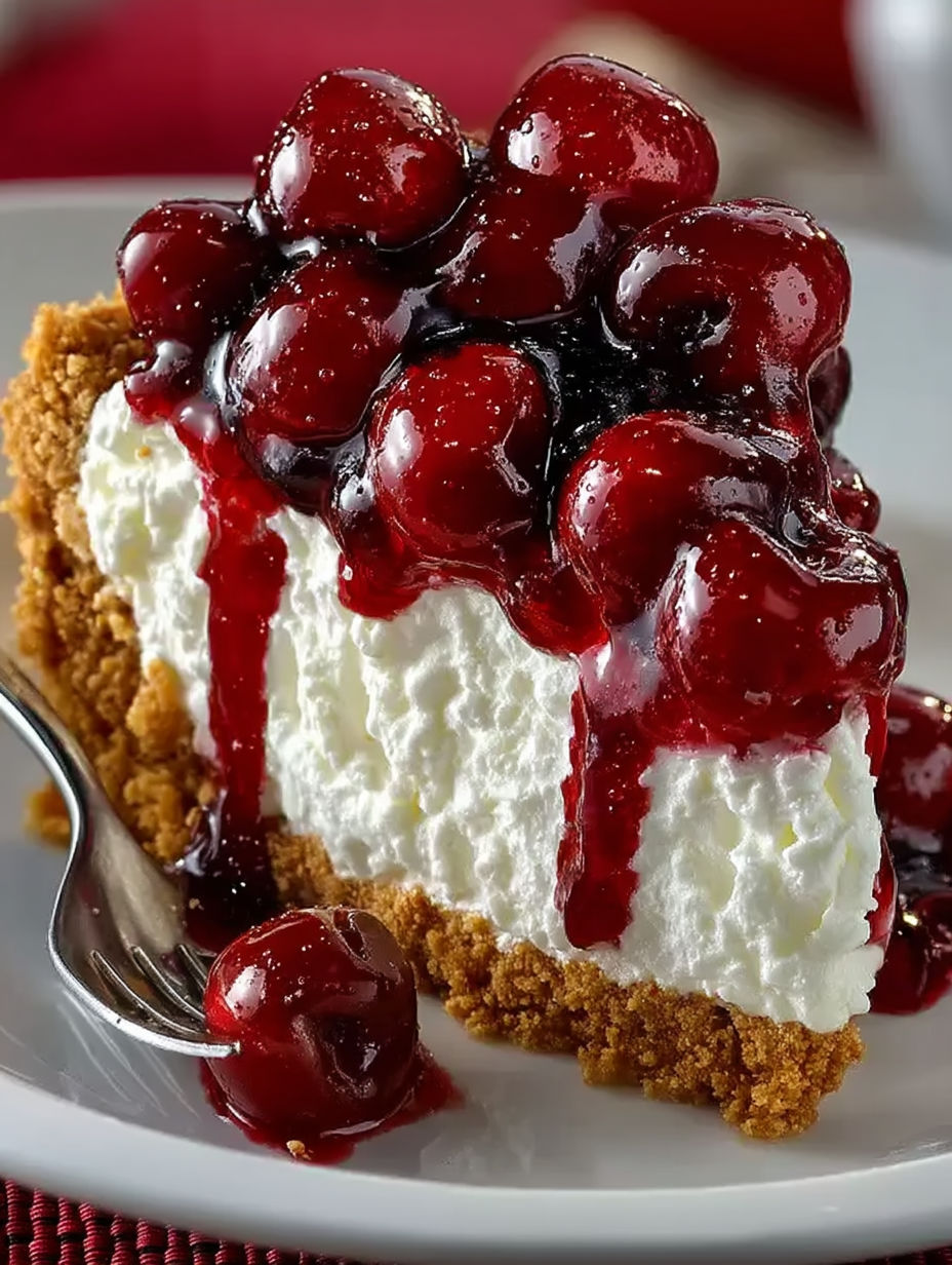 A slice of cherry cheesecake with a fork.