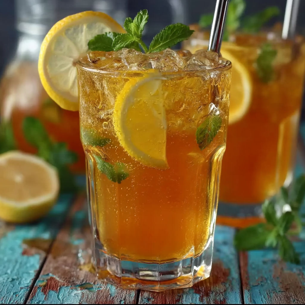 A glass of lemonade with a lemon wedge in it.