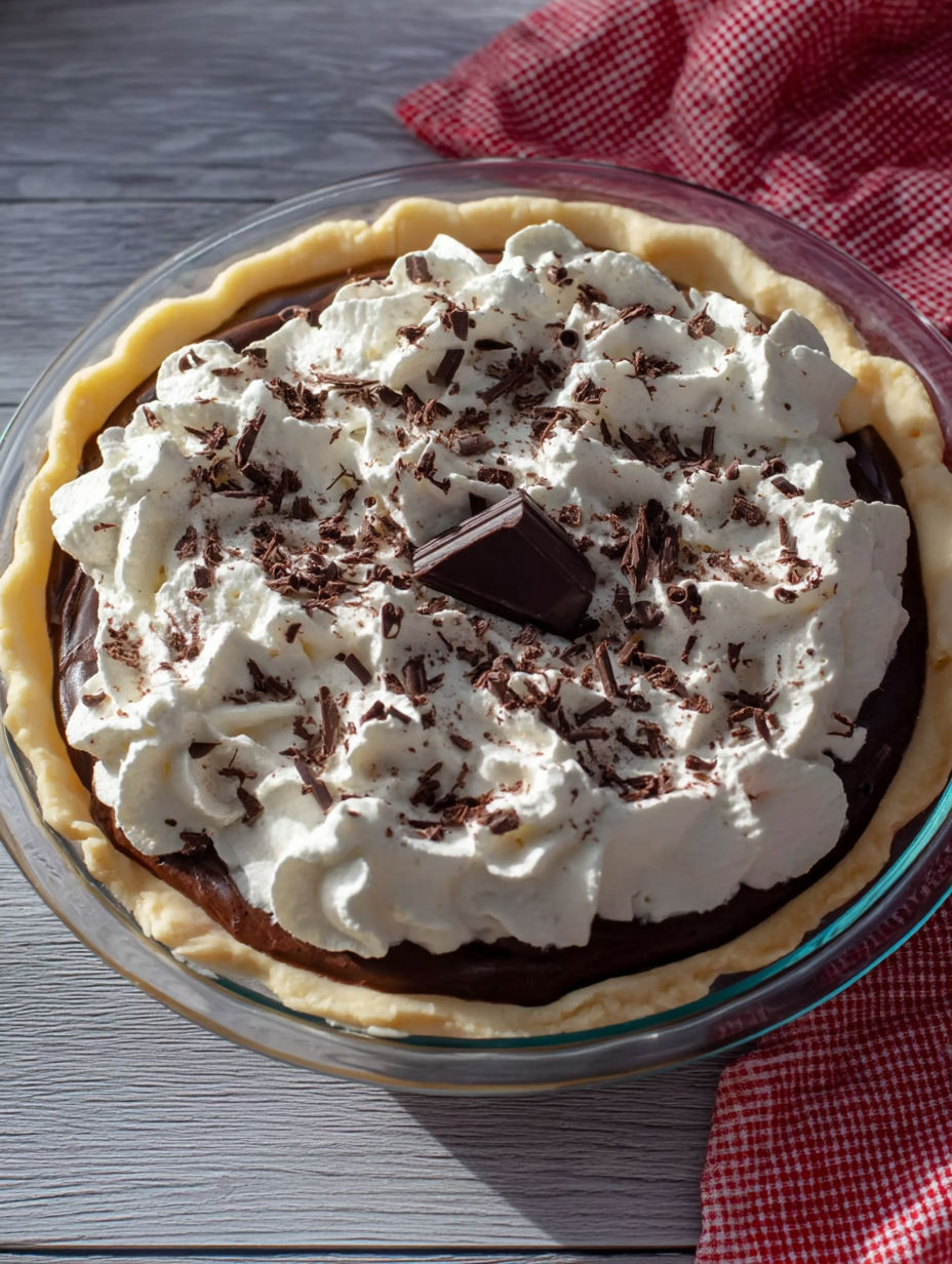 A chocolate pie with white whipped cream on top.