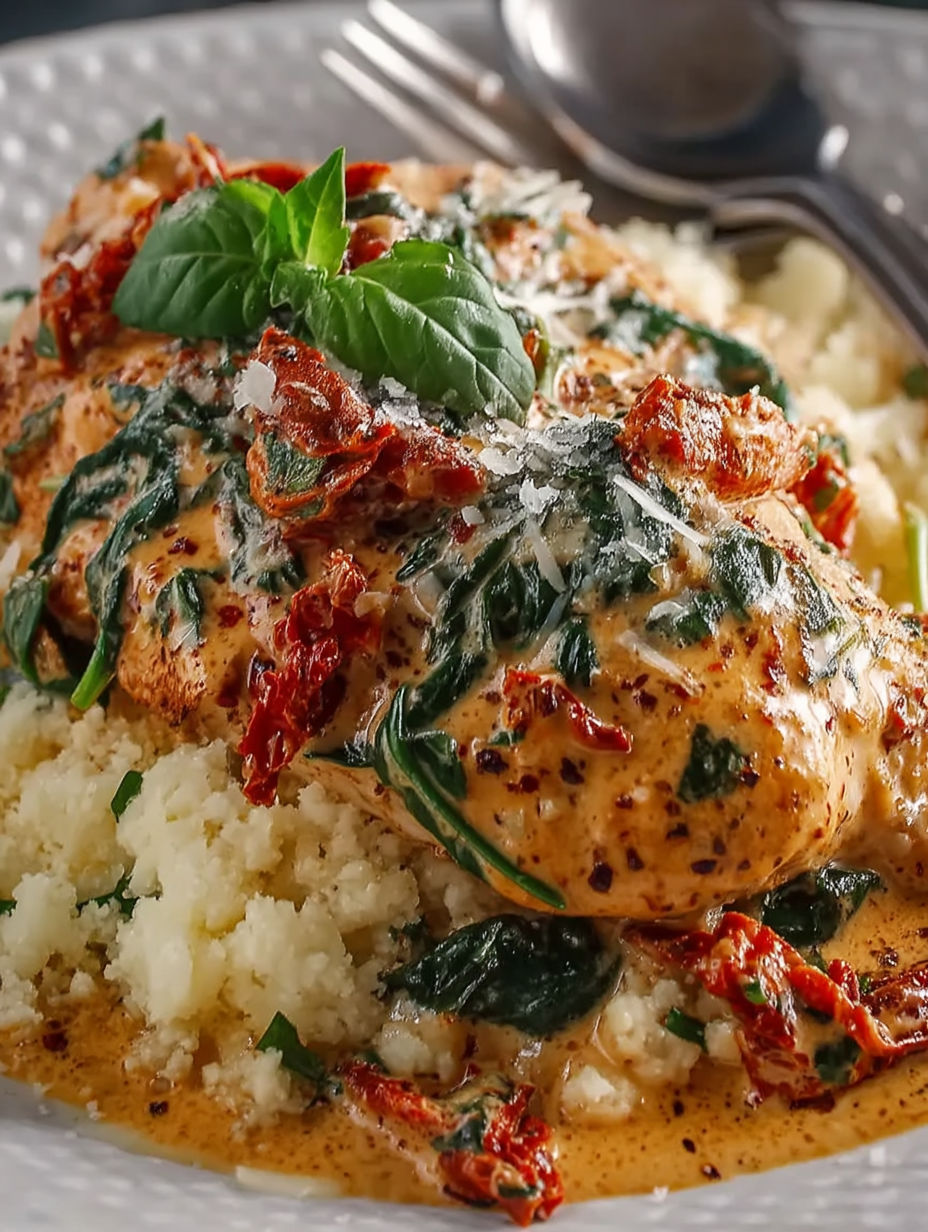 A piece of chicken with greens on top.