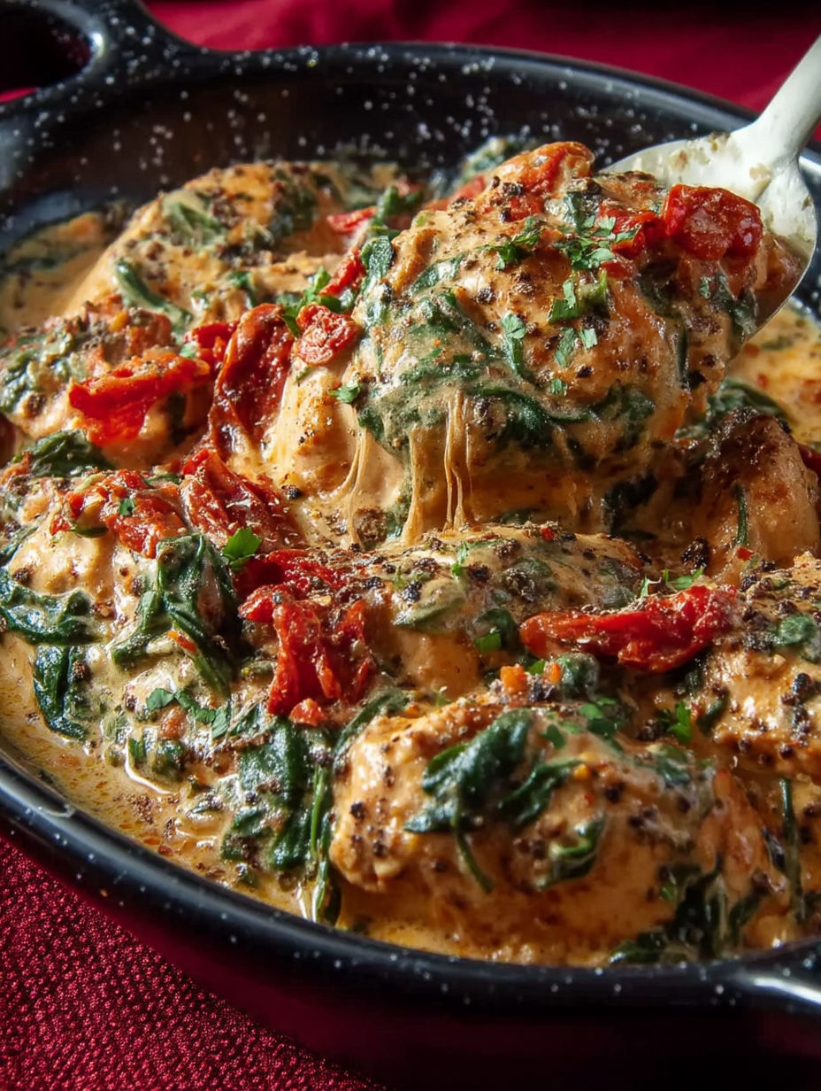 A bowl of chicken with greens and tomatoes.