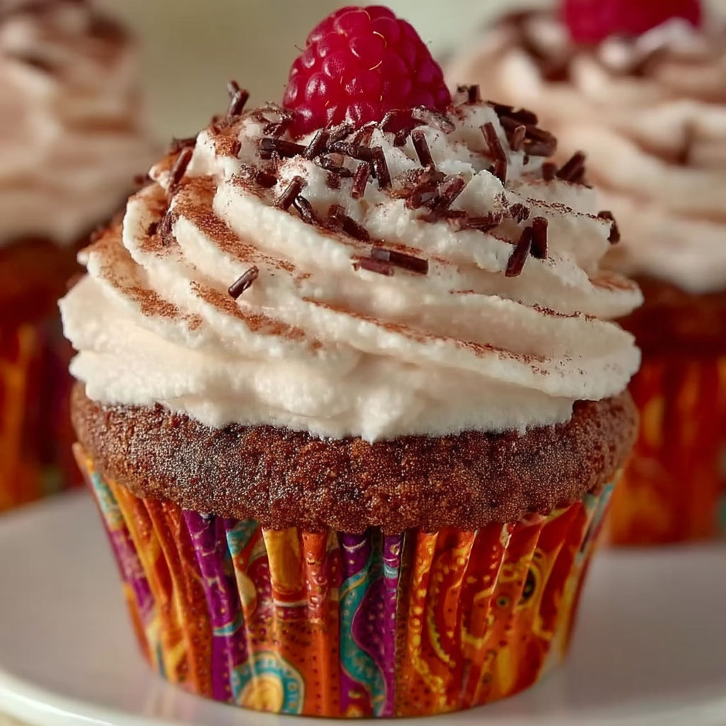 A cupcake with chocolate and white frosting.