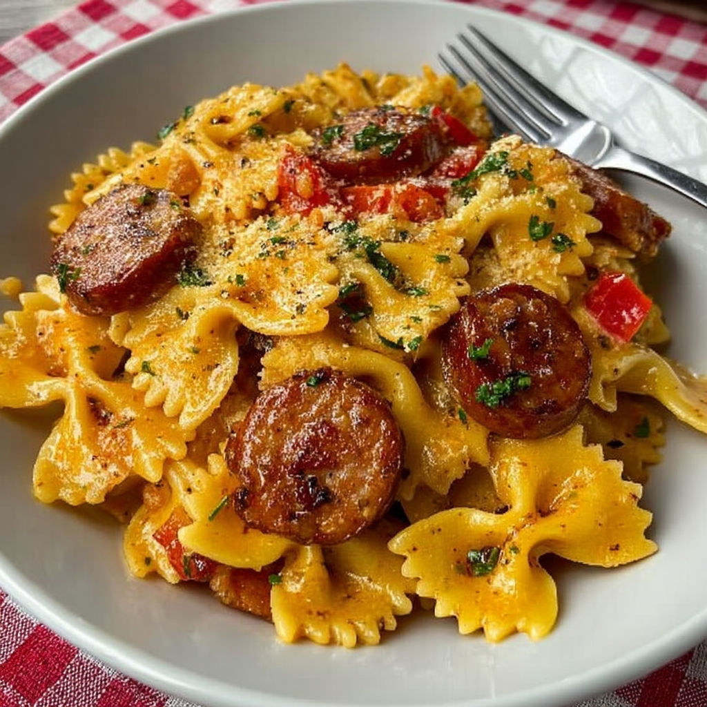 A plate of pasta with sausage and tomatoes.