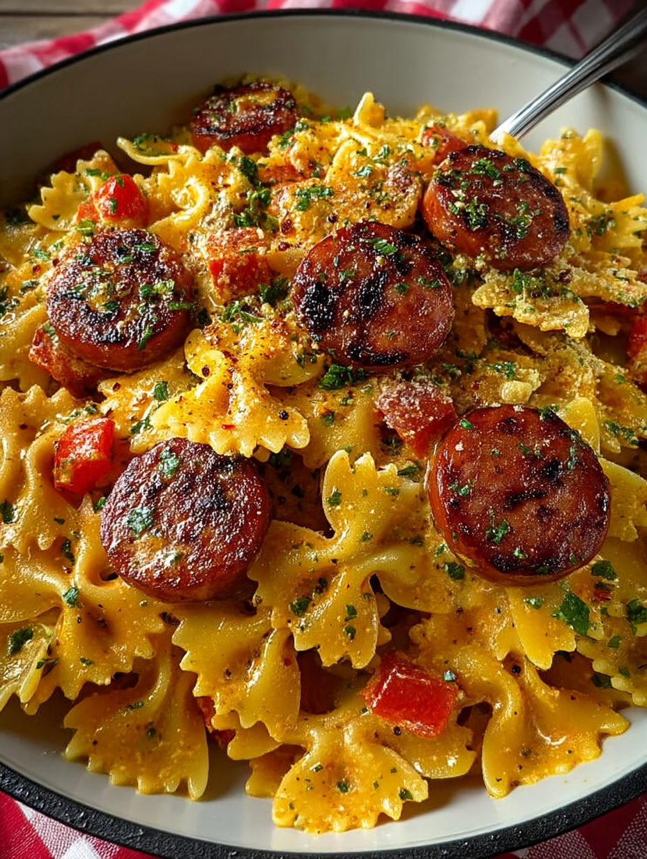 A bowl of pasta with sausage and tomatoes.