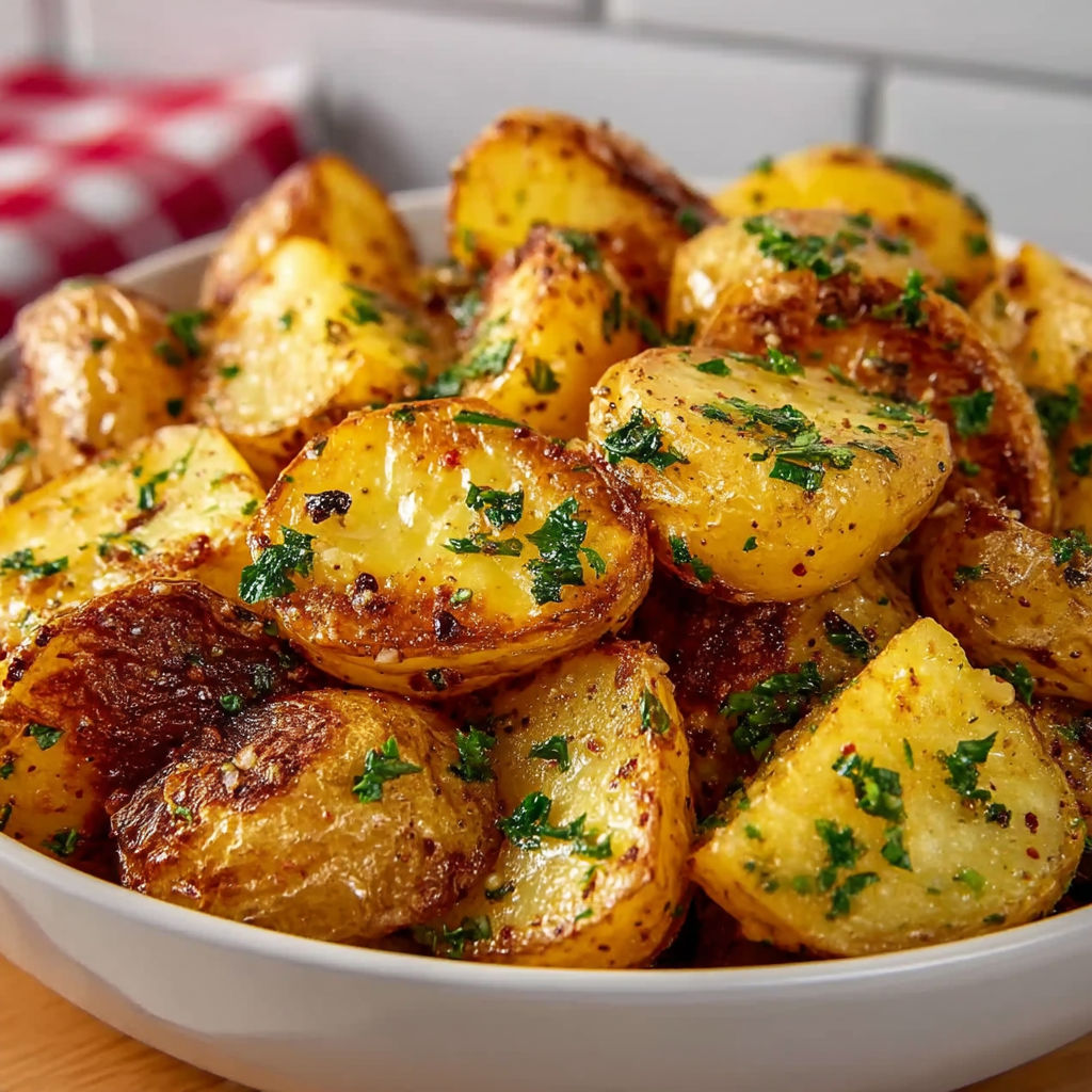 A bowl of air fryer lemon herb potatoes.