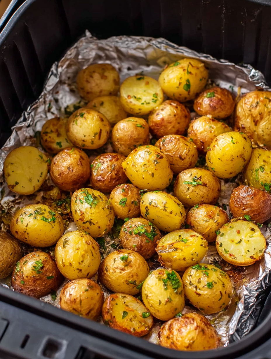 A tray of potatoes with herbs on top.