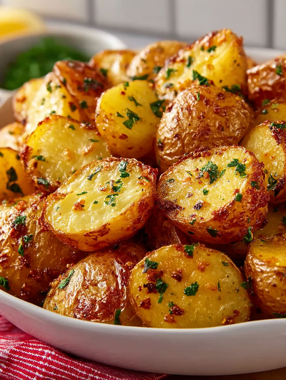 A plate of potatoes with herbs on top.