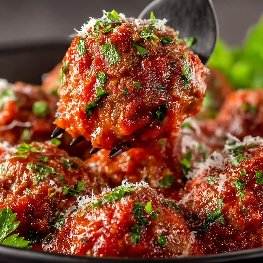 A bowl of meatballs with sauce and cheese on top.