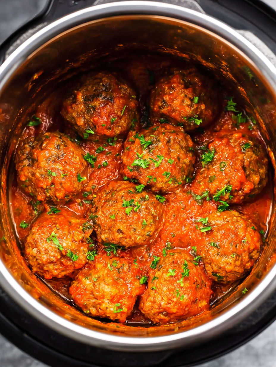 A pot of meatballs in a red sauce.