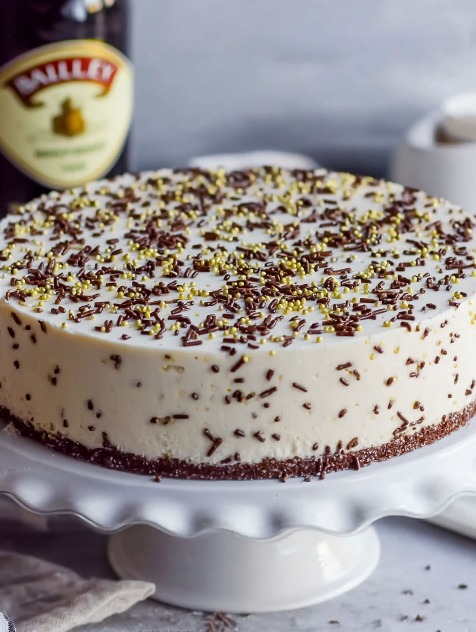 A slice of light Baileys no bake cheesecake.