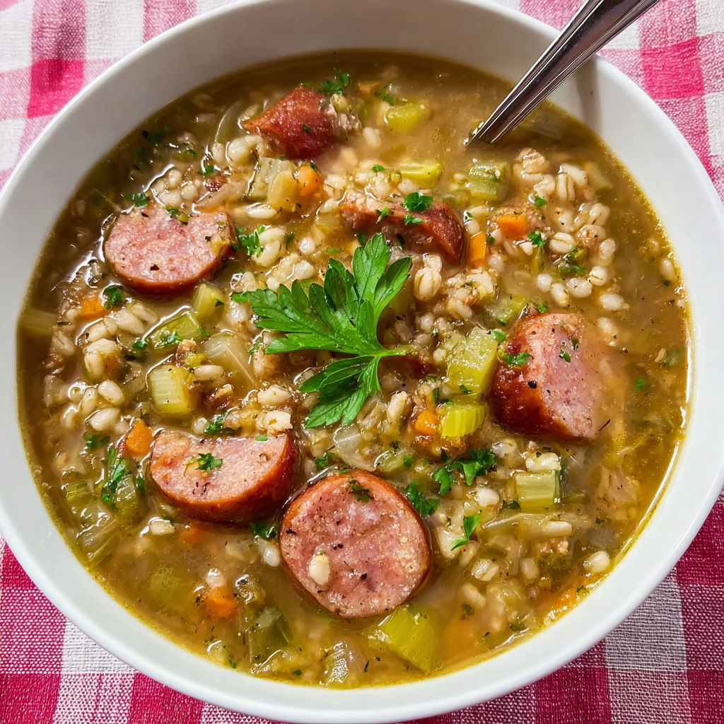 A bowl of soup with sausage and barley.