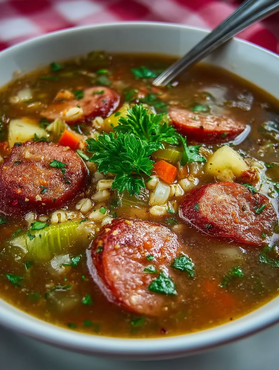 A bowl of soup with sausage and barley.