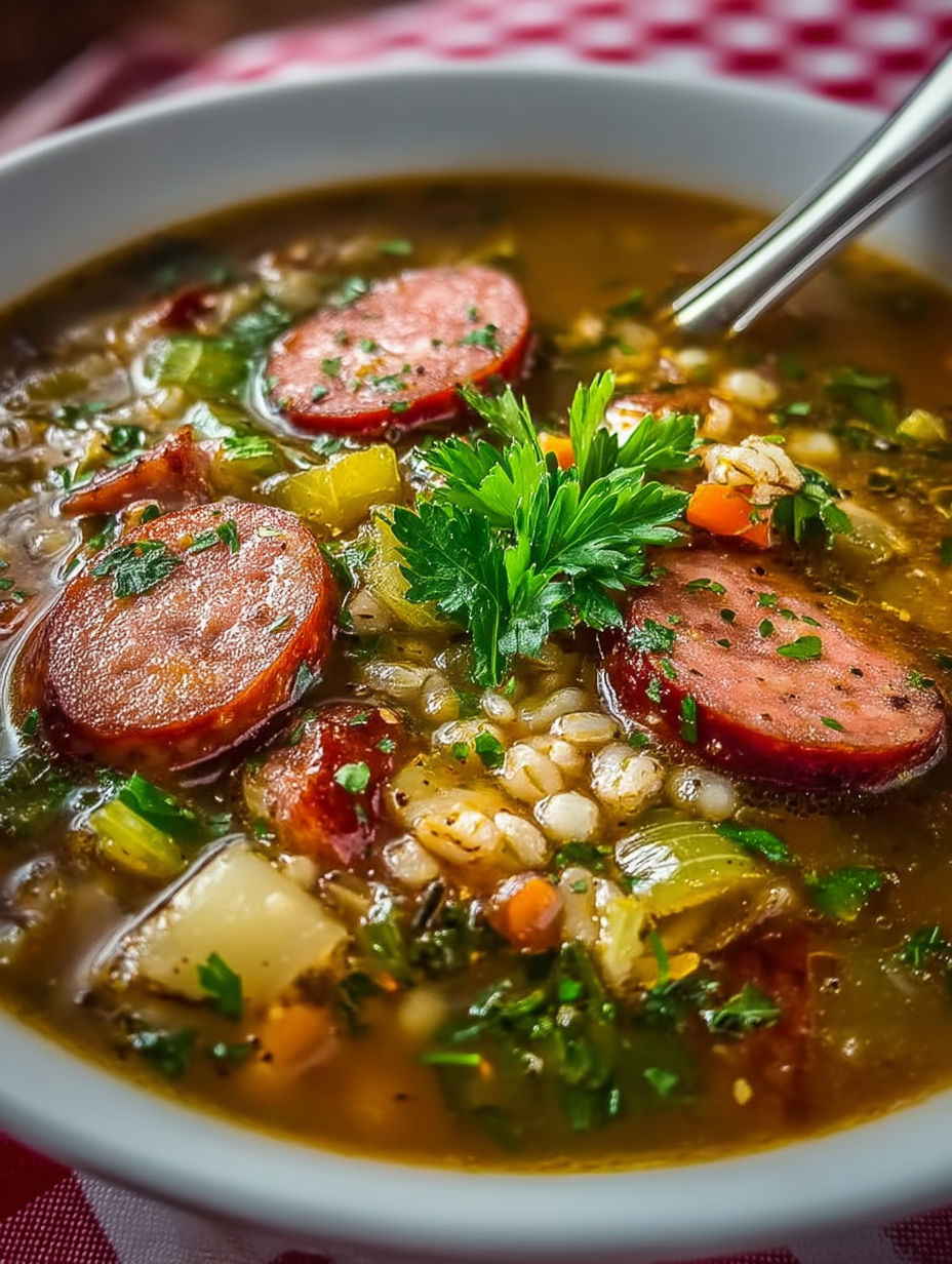 A bowl of soup with sausage and barley.
