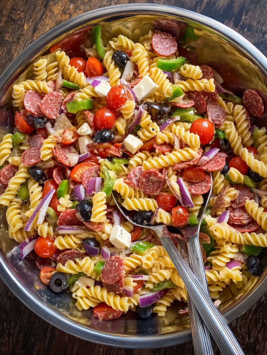 A bowl of pasta with meatballs, tomatoes, and olives.
