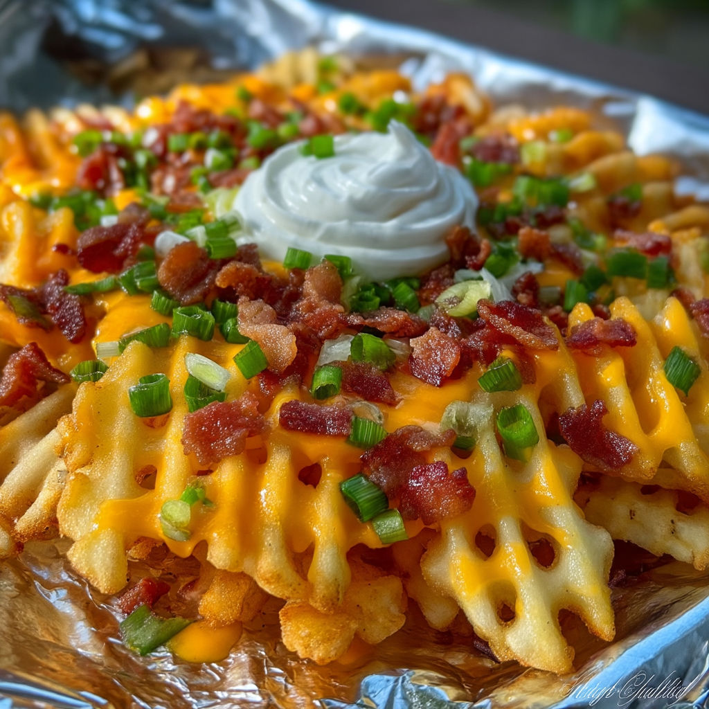 A plate of bacon and cheese loaded fries.