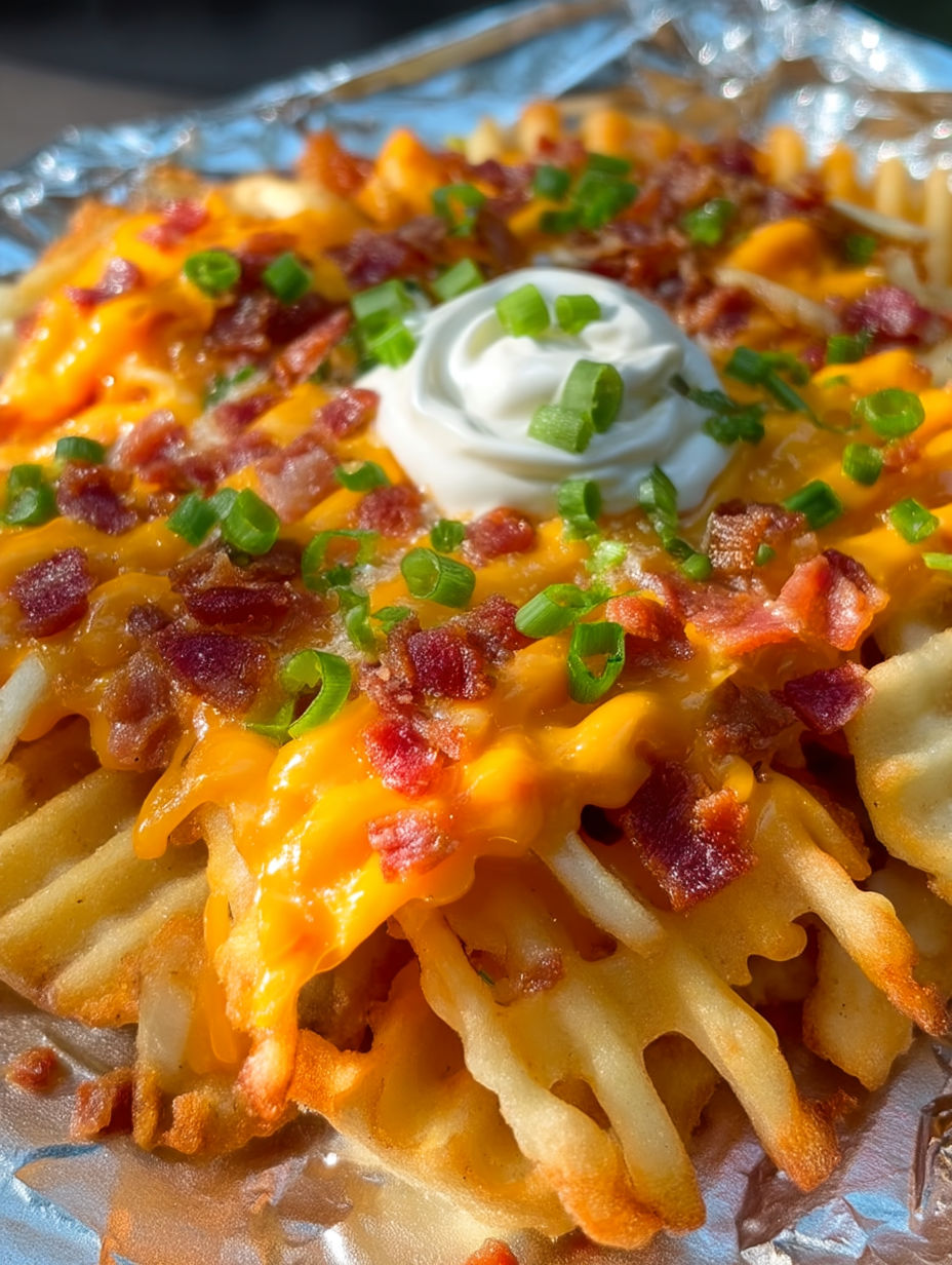 A close up of a bacon and cheese loaded fries.