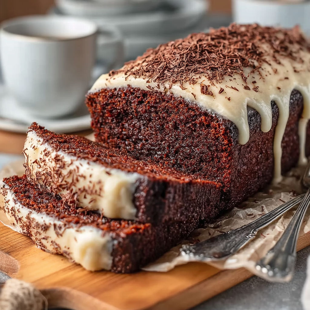 A slice of chocolate stout loaf cake.