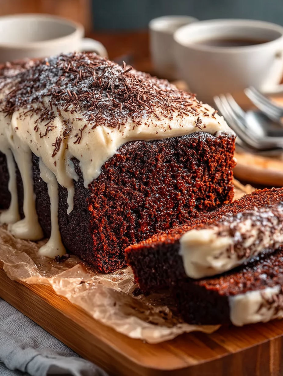 A slice of chocolate stout loaf cake.