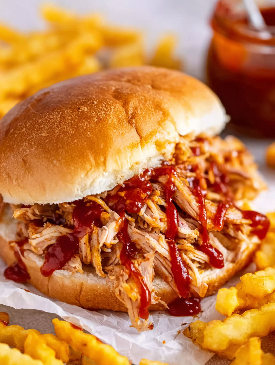 A sandwich with barbecue sauce and french fries.
