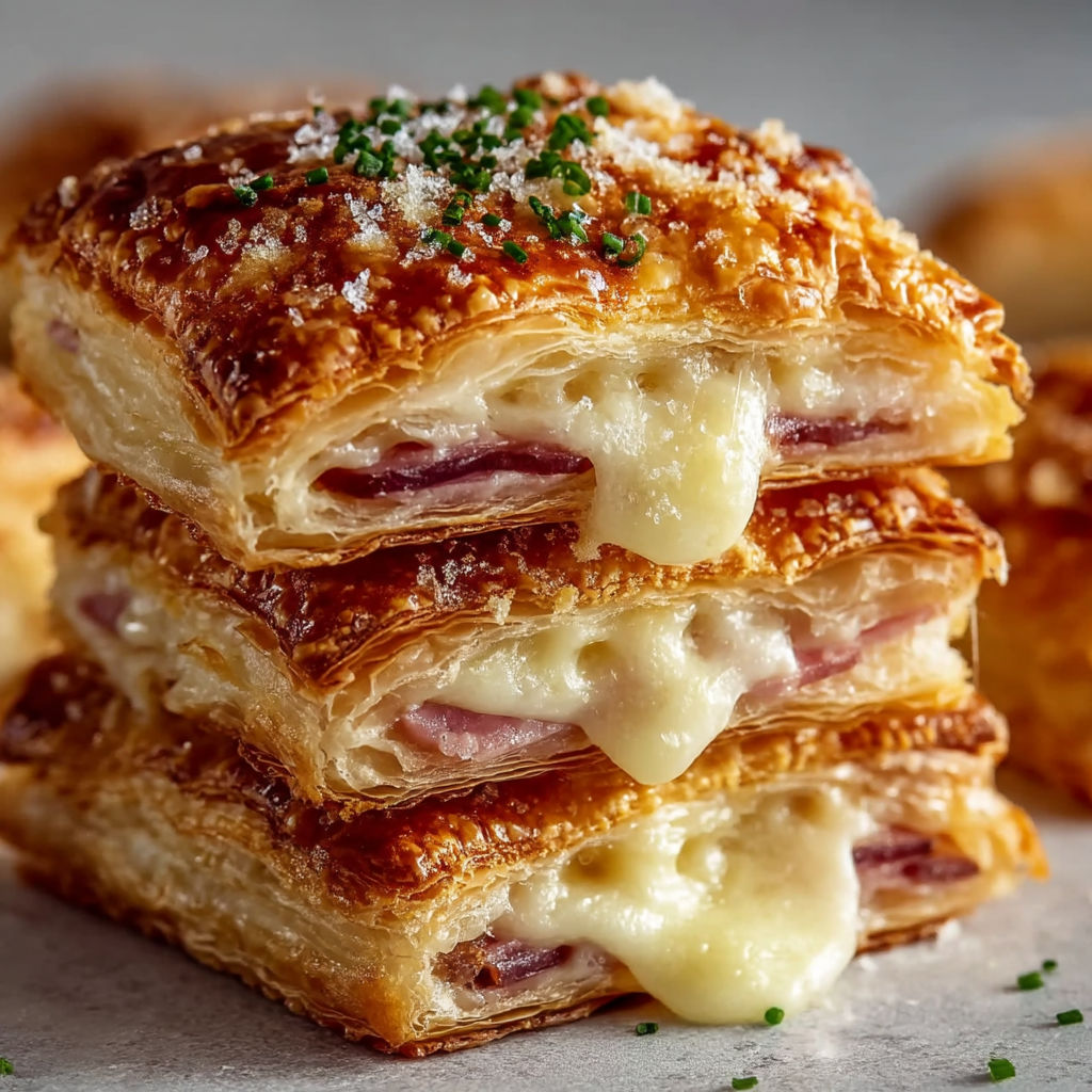 A stack of ham and cheese puff pastry.