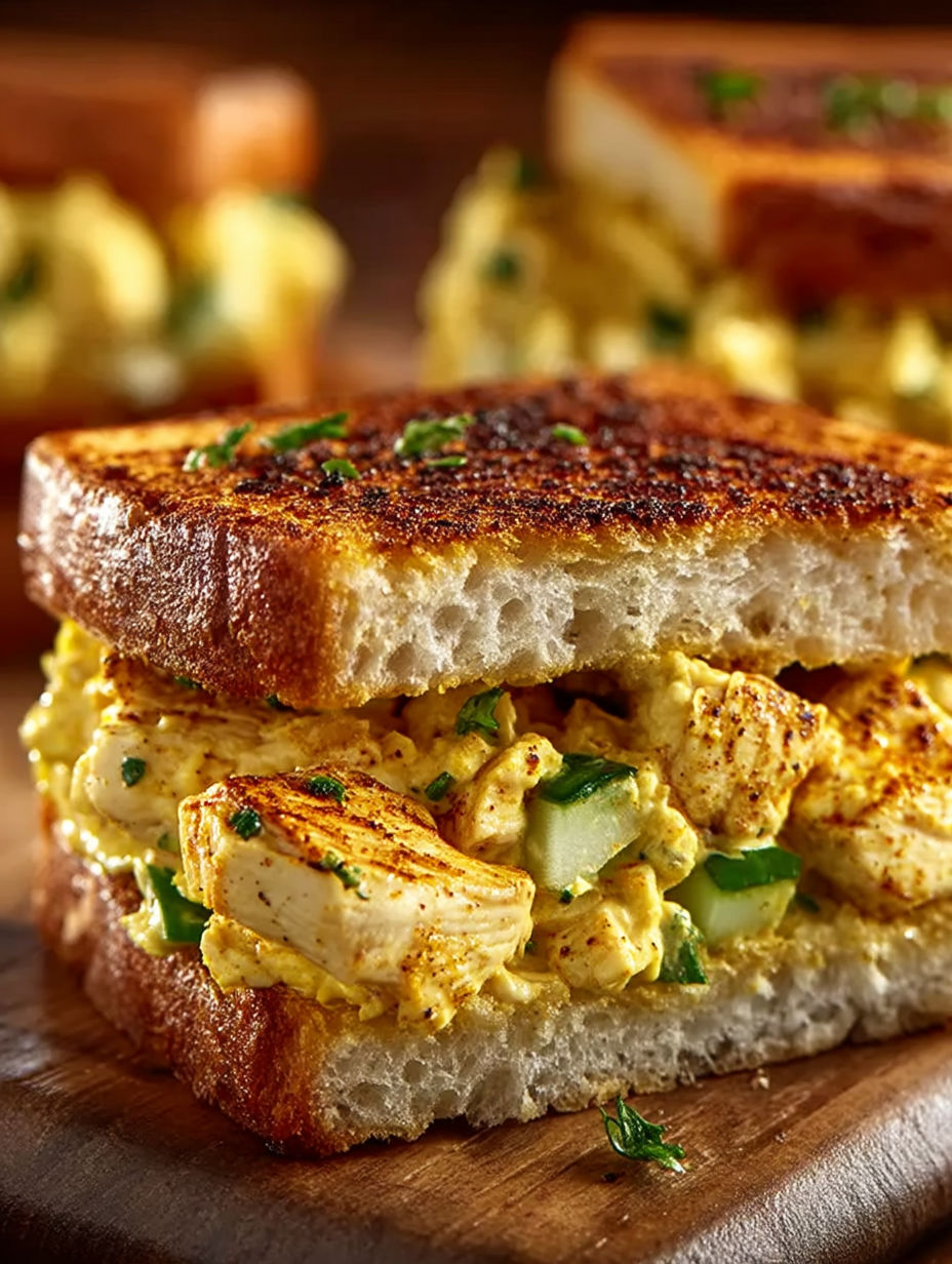 A sandwich with curried chicken salad.
