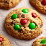 A close up of a cookie with green and red M&M's.
