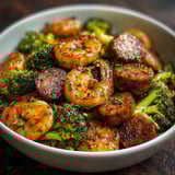 A bowl of shrimp, sausage, and broccoli.