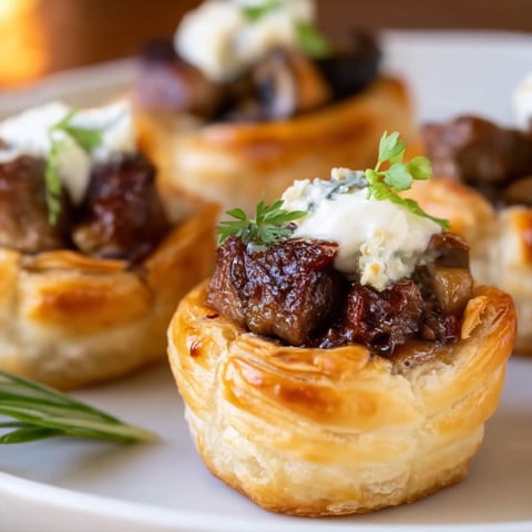 A plate of beef wellington bites with blue cheese on top.