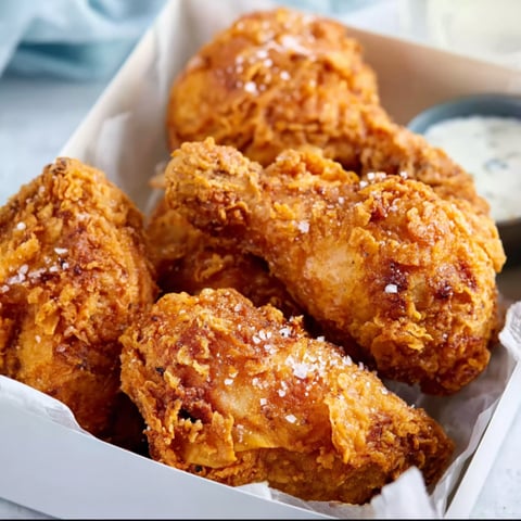A box of fried chicken with a dipping sauce.