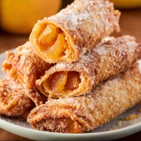 Peach cobbler egg rolls on a plate.