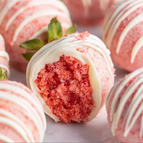 Pink cake balls with white frosting and a strawberry on top.