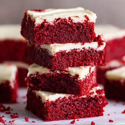 Red velvet brownies stacked on a table.
