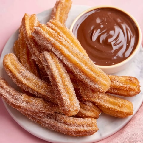 A plate of churros with chocolate sauce.