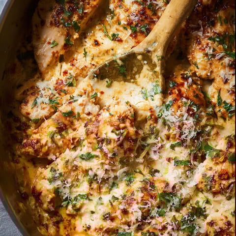A pan of chicken with a spoon in it.