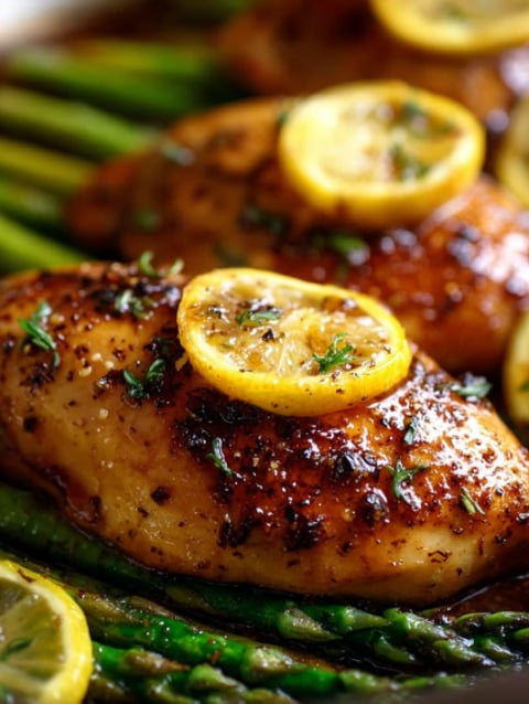A pan of chicken with lemon and honey on top.