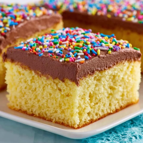 A slice of homemade yellow cake with chocolate frosting.