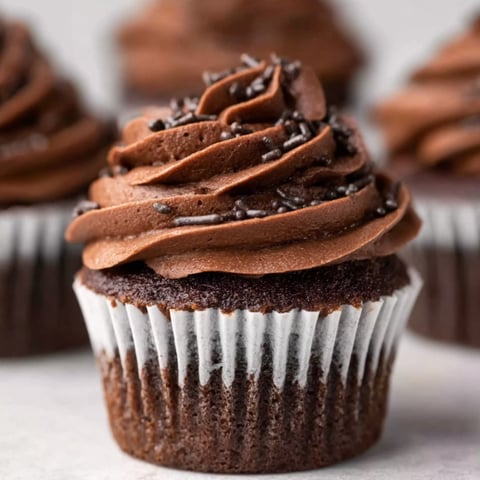 A chocolate cupcake with chocolate frosting and chocolate sprinkles.