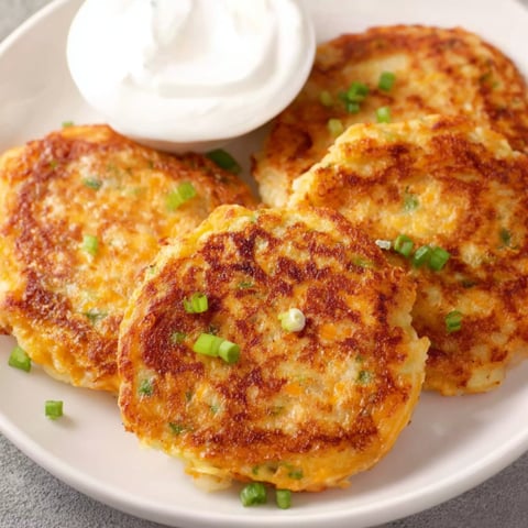 A plate of potato cakes with a dollop of sour cream on top.