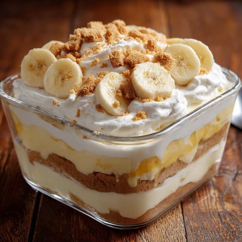 A glass bowl filled with creamy banana pudding layers.