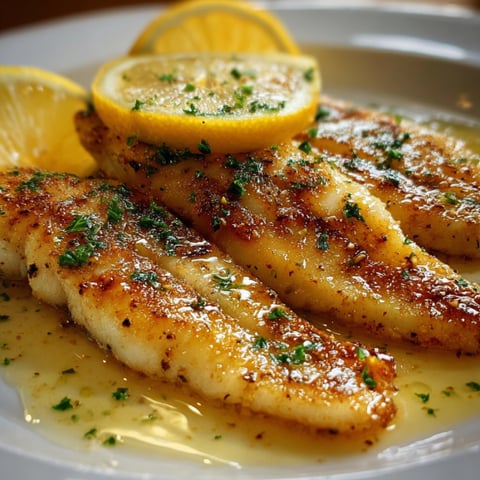 A plate of fish with lemon and herbs.