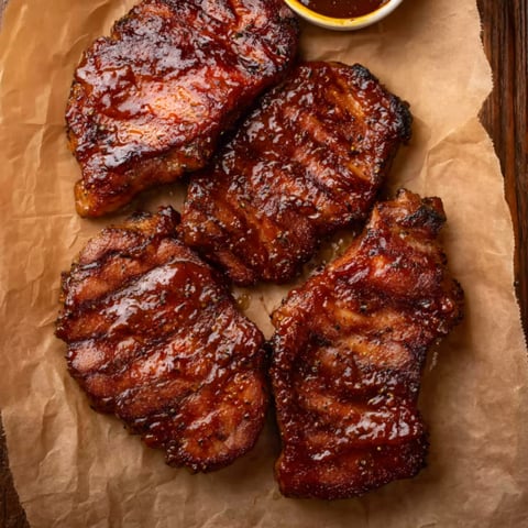 Smoked pork steaks on a wooden table.