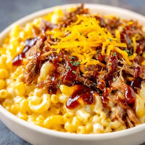 A bowl of macaroni and cheese with pulled pork.