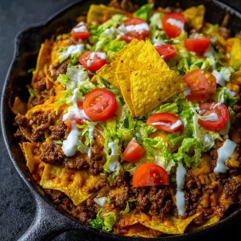 A delicious casserole of beef and tomatoes with a side of chips.