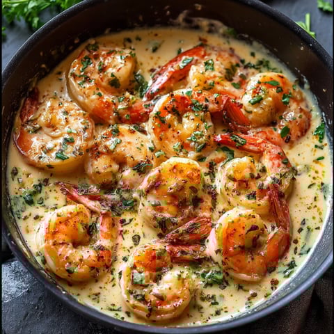 A bowl of shrimp in a creamy coconut sauce.