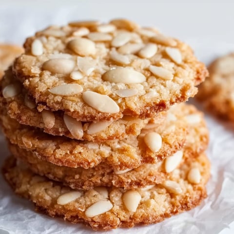 A stack of cookies with almonds on top.