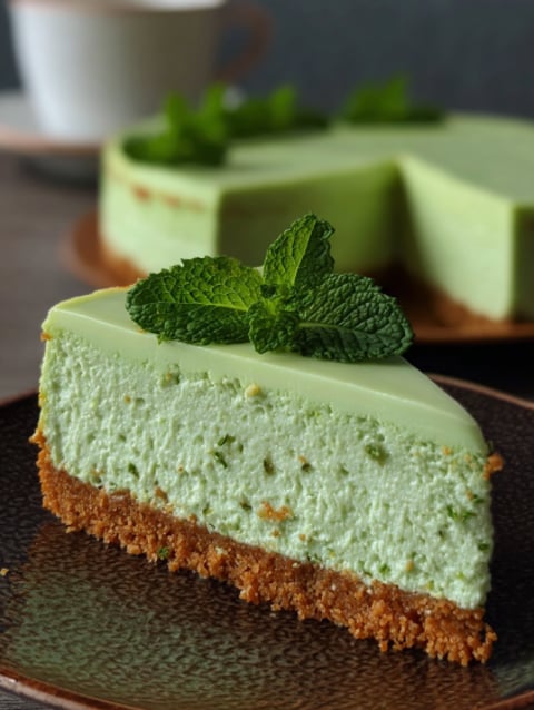 A slice of mint cheesecake on a plate.