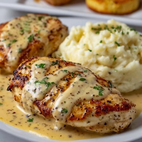 A plate of food with chicken in a creamy sauce and mashed potatoes.