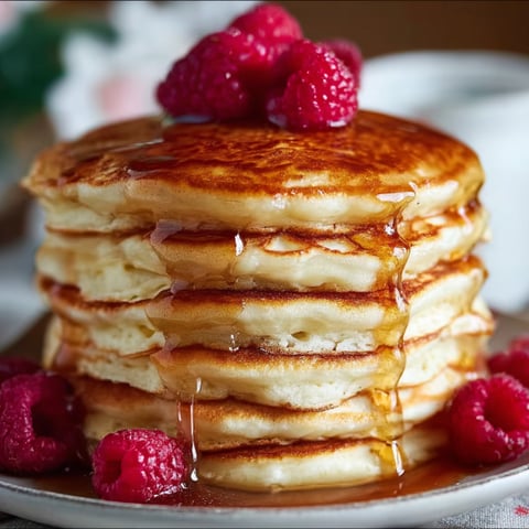 Fluffy pancakes on a plate with raspberries.